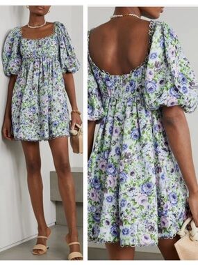Zimmermann Floral Print Lavender and Green Puff-Sleeve Mini Babydoll Dress 1